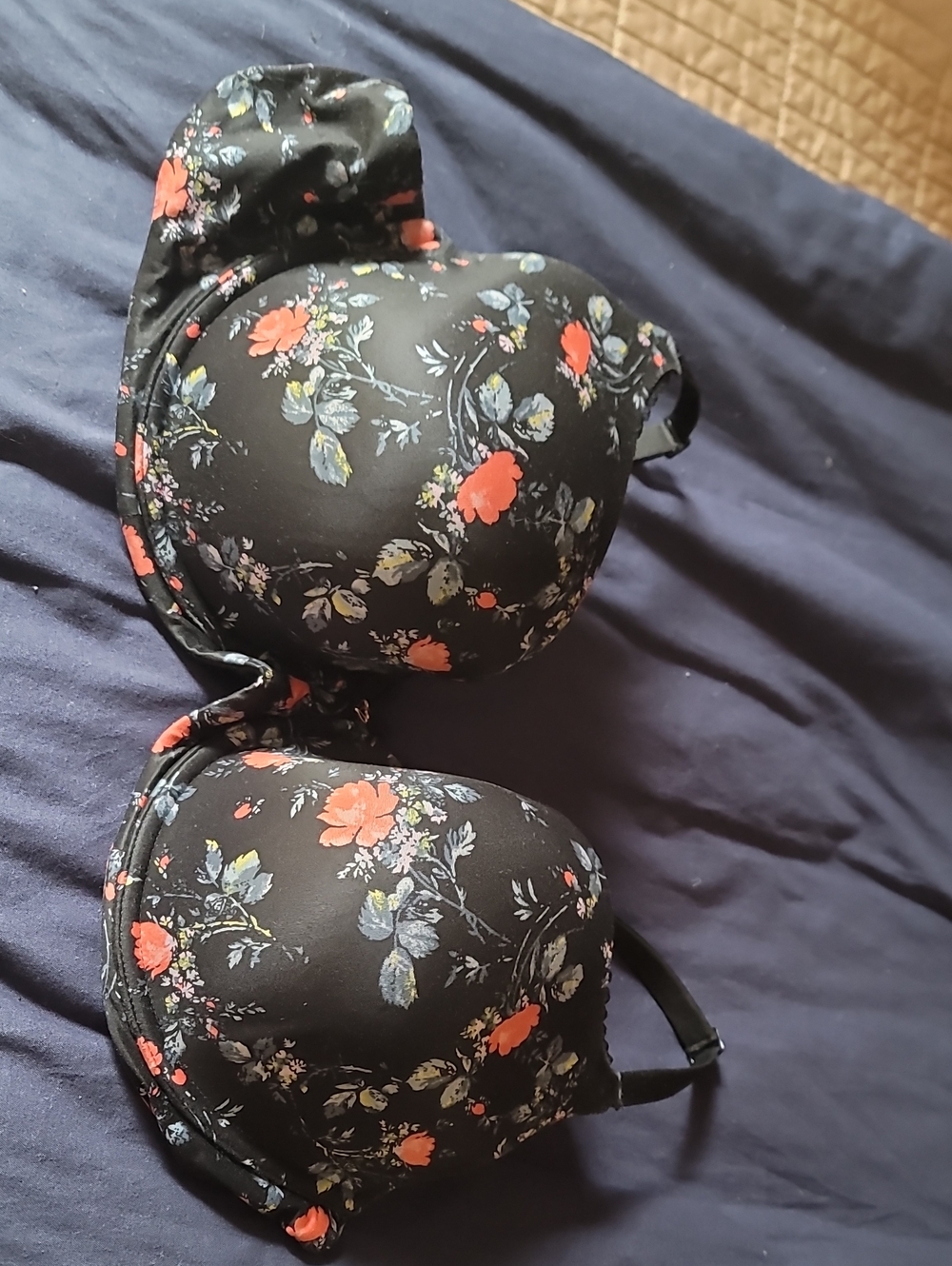 Victoria's Secret Black Floral Push-Up Bra with Coral Flowers